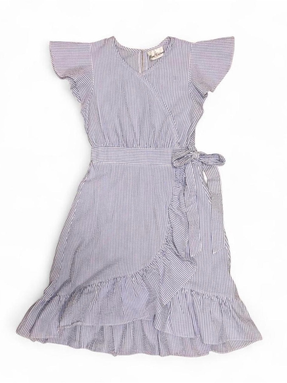 Rare Editions Blue and White Striped Wrap-Style Dress